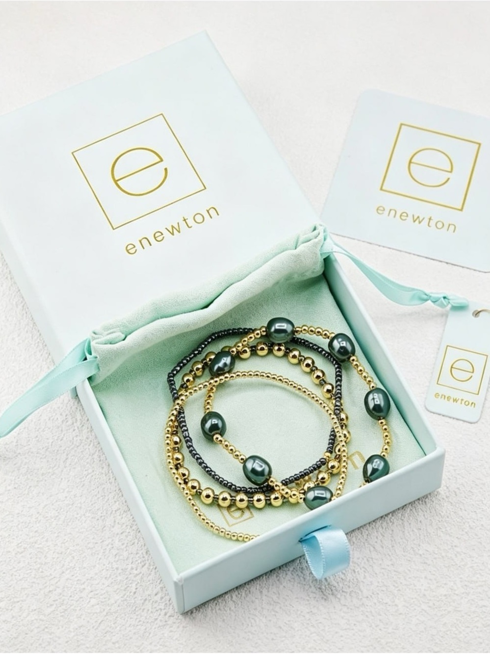 New Enewton 3‑Piece Dark Green Pearl Bracelet Stack | Complete Brand Packaging